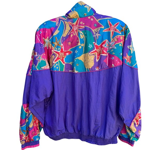 Lavon Vintage 80s Starfish Print High Collar Purple Swishy Windbreaker Jacket S - Picture 4 of 11